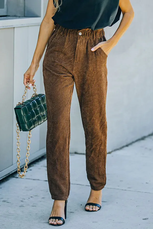Pocketed Elastic Waistband Corduroy Pants