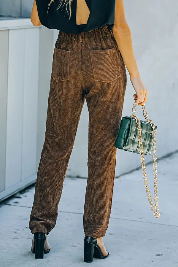 Pocketed Elastic Waistband Corduroy Pants