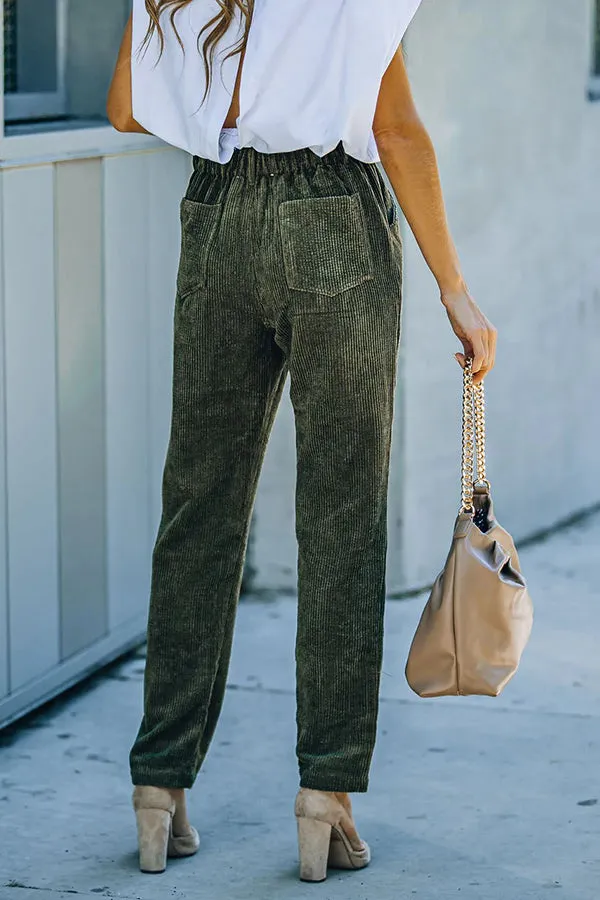 Pocketed Elastic Waistband Corduroy Pants