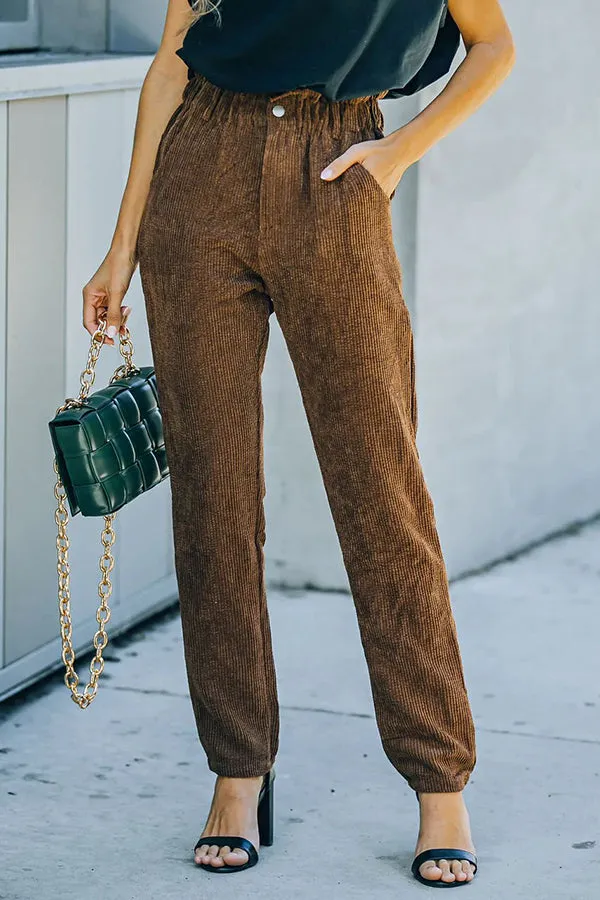 Pocketed Elastic Waistband Corduroy Pants