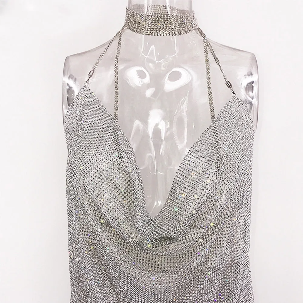 Sexy Rhinestone Metal chain Glitter Summer Backless slip Sequins Mini Luxury club Party Dress