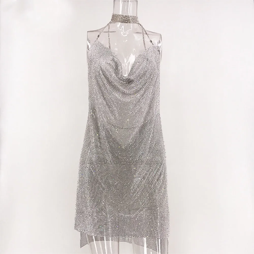 Sexy Rhinestone Metal chain Glitter Summer Backless slip Sequins Mini Luxury club Party Dress
