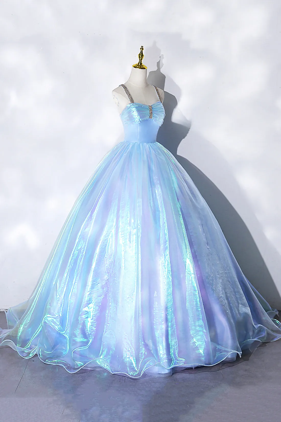 Shiny Blue Tulle Long Formal Dress, A-Line Spaghetti Strap Sweetheart Princess Dress