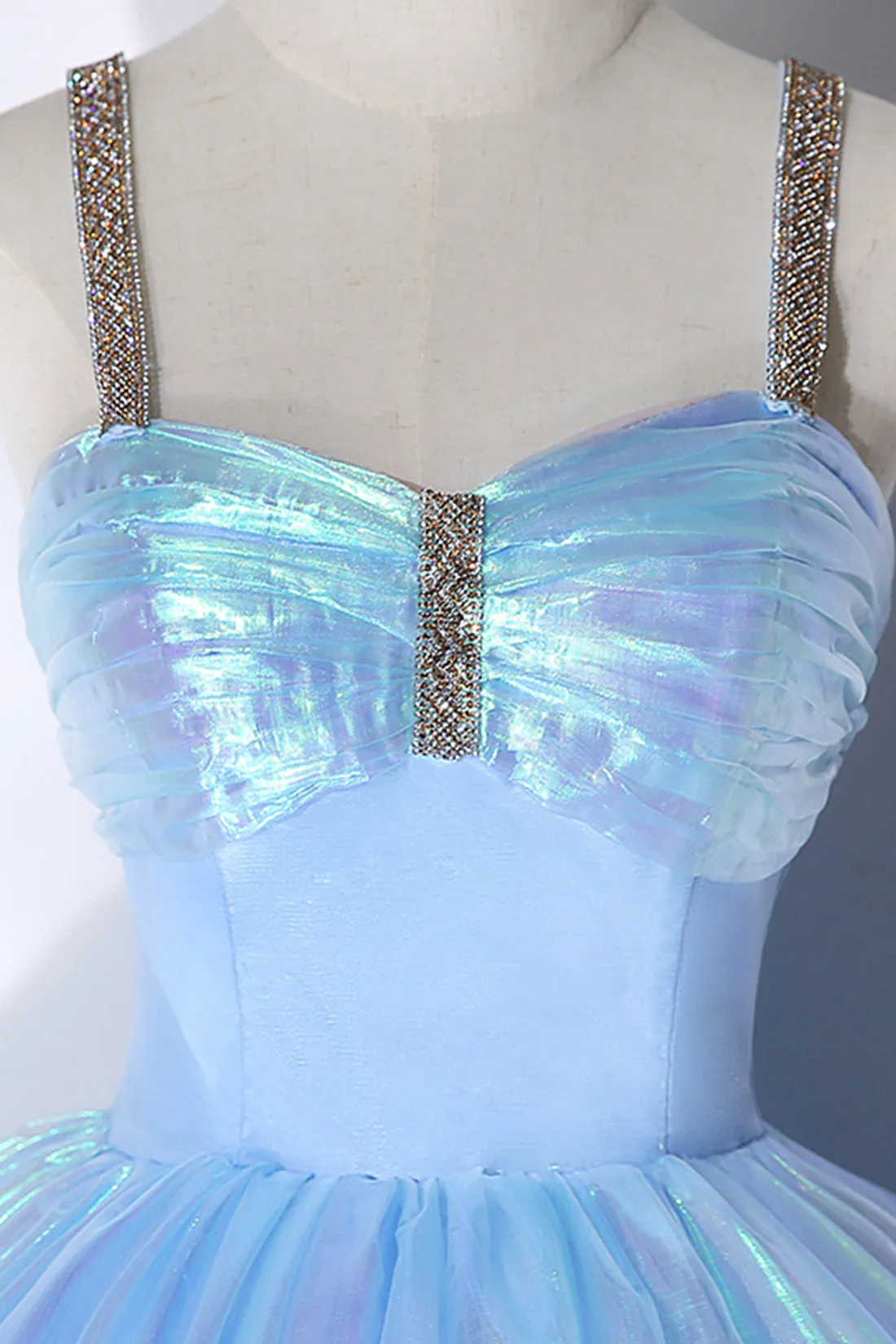 Shiny Blue Tulle Long Formal Dress, A-Line Spaghetti Strap Sweetheart Princess Dress