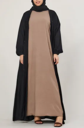 Short-Sleeved Crinkle Abaya Slip Dress Khaki