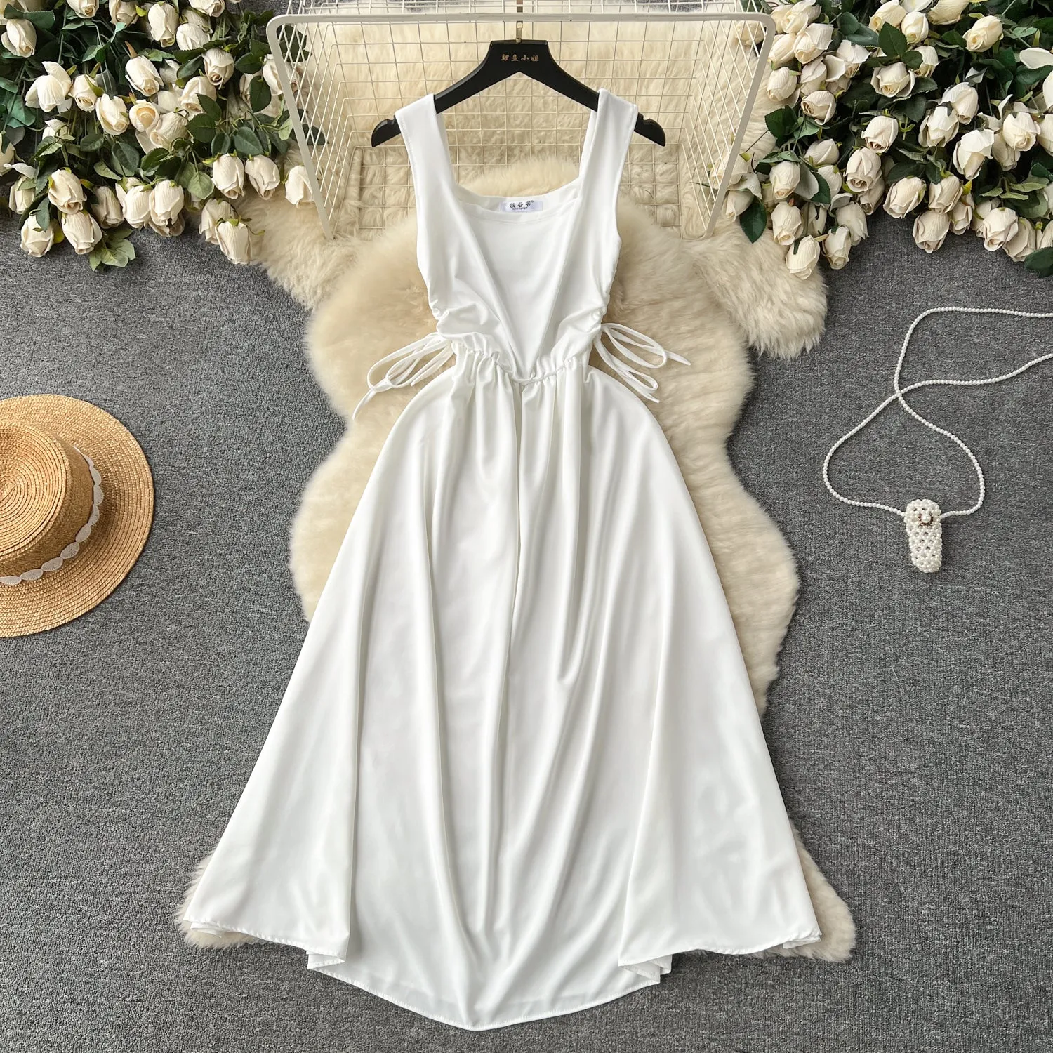Square Collar Drawstring Slip Dress