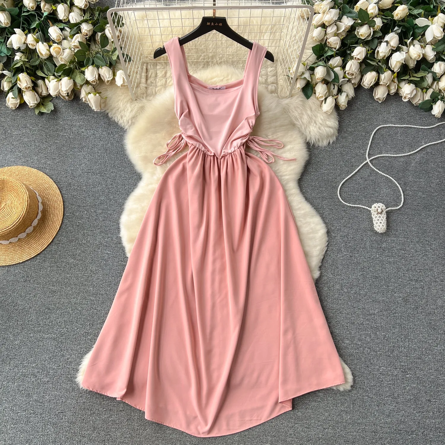 Square Collar Drawstring Slip Dress