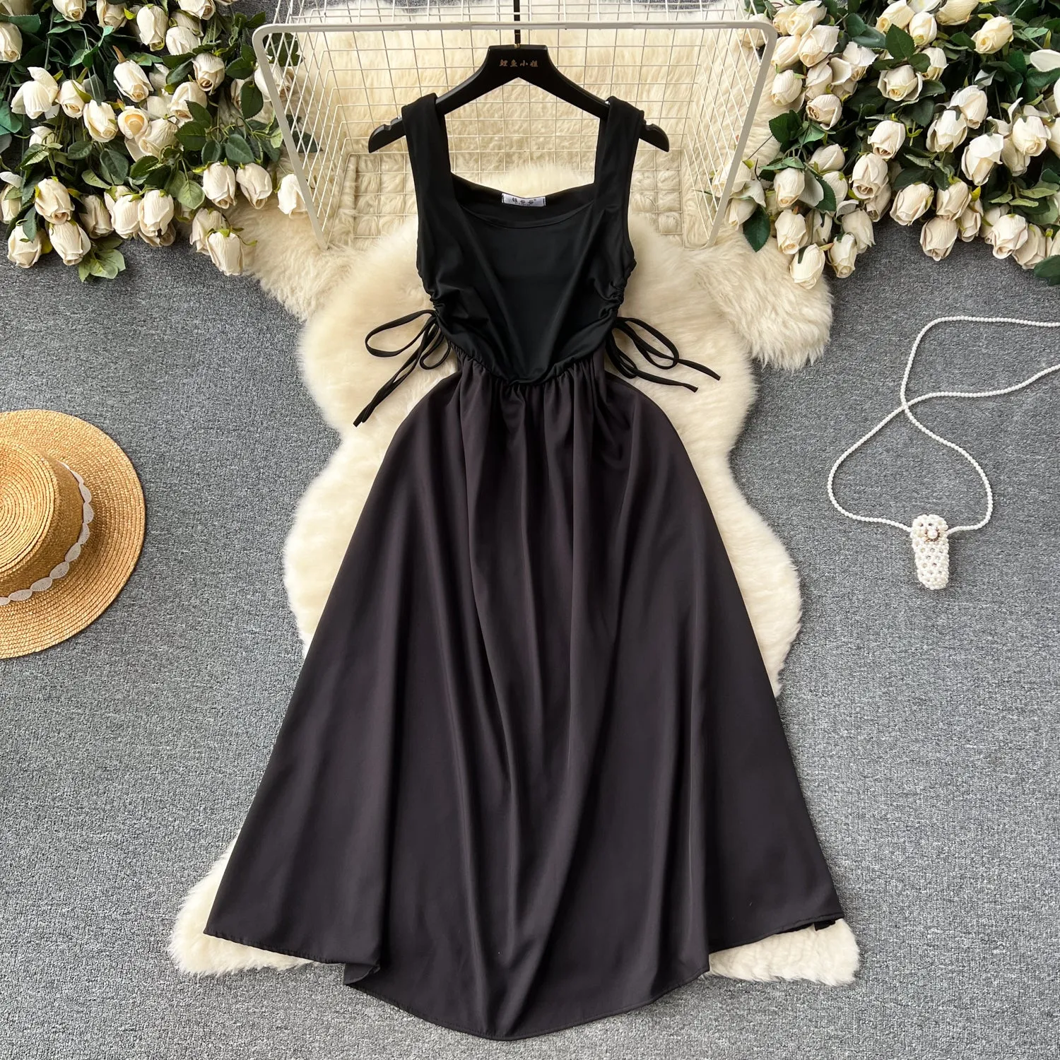 Square Collar Drawstring Slip Dress