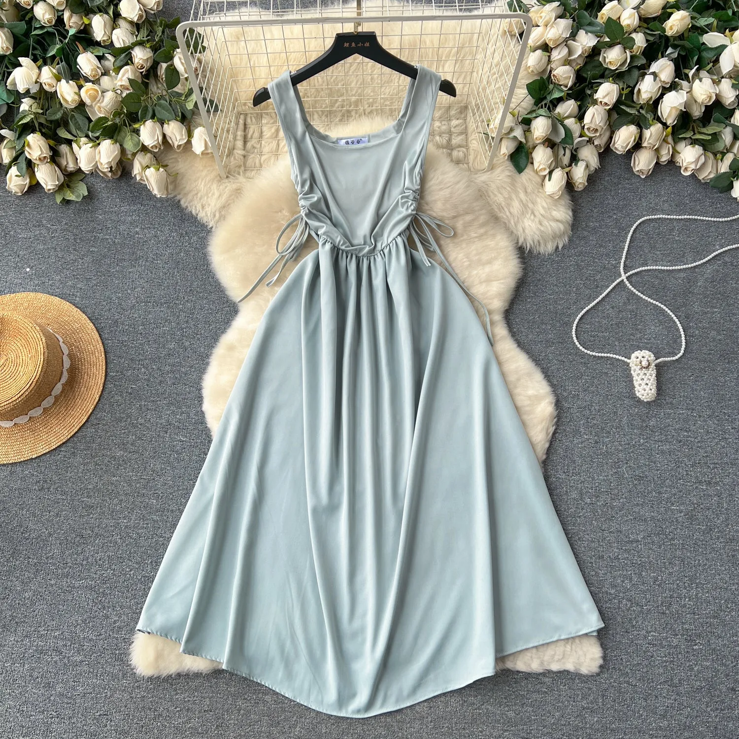 Square Collar Drawstring Slip Dress