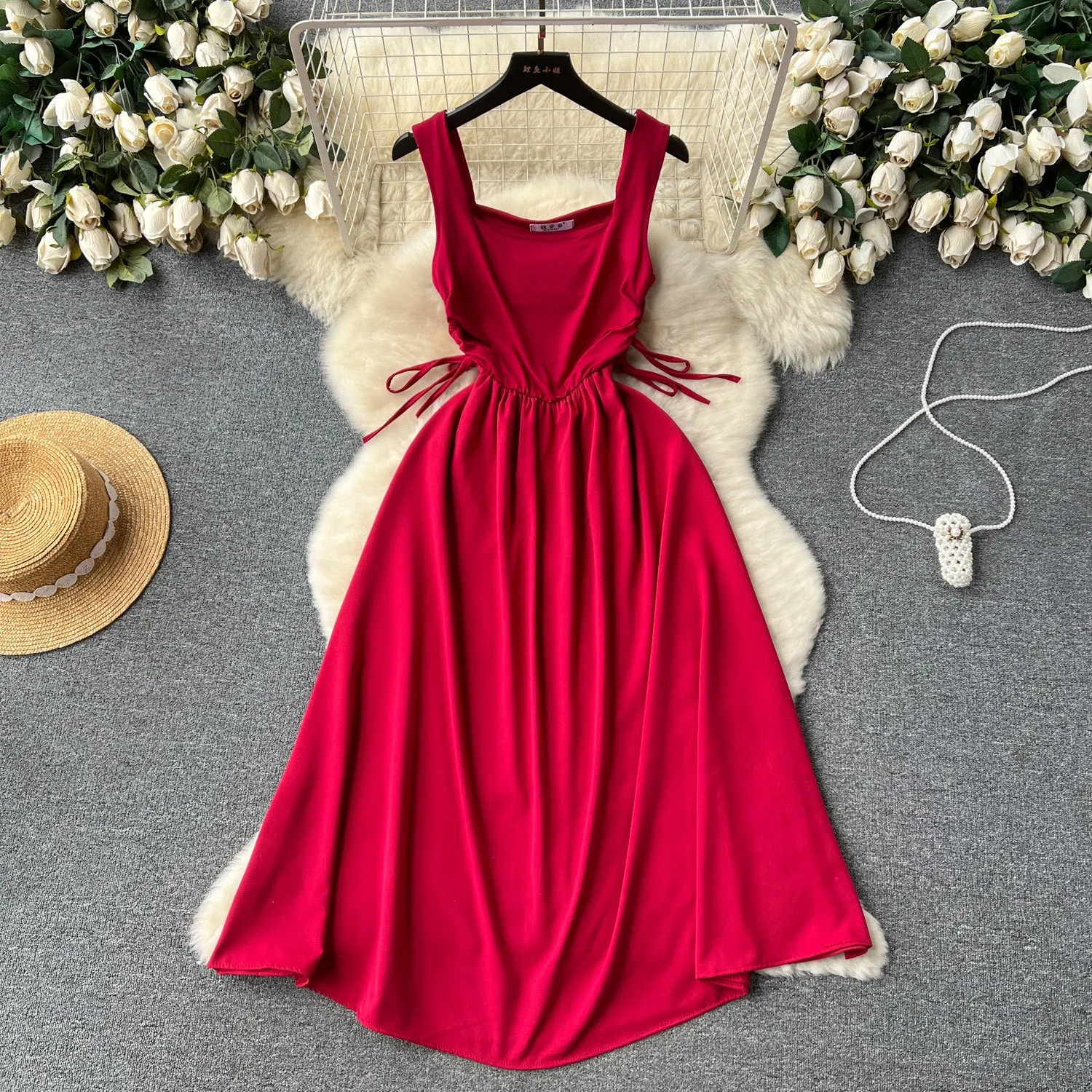 Square Collar Drawstring Slip Dress