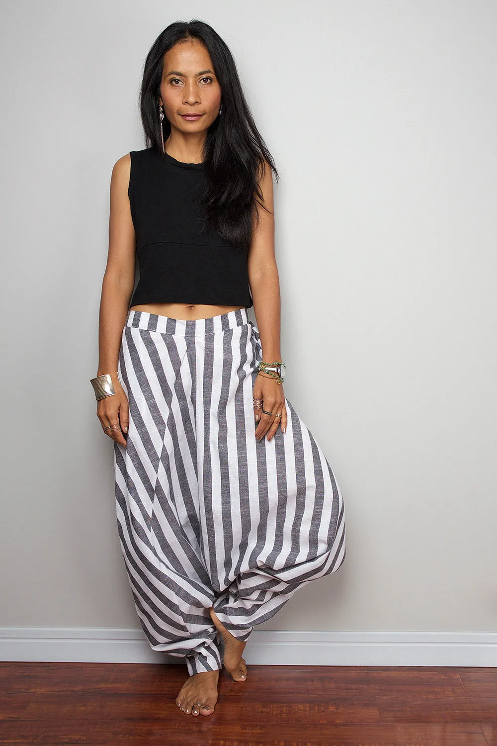 Striped Pants / Wide leg pants / Striped Cotton Harem Pants : Nature Touch Collection III