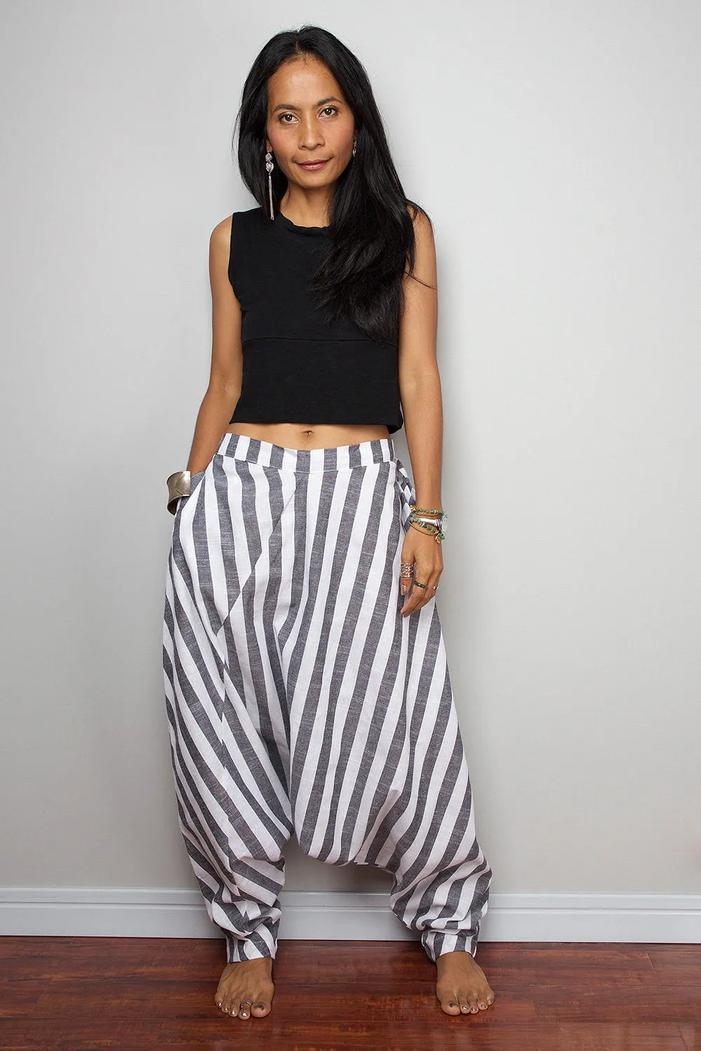 Striped Pants / Wide leg pants / Striped Cotton Harem Pants : Nature Touch Collection III