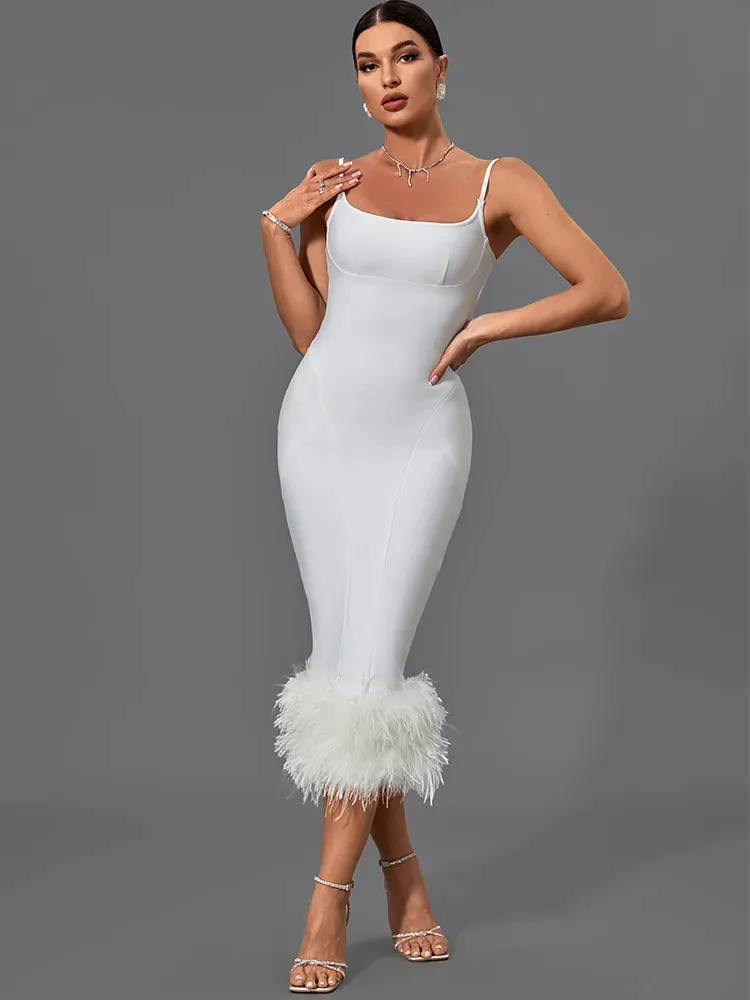 White Feather Bandage Midi Bodycon Dress