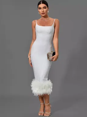 White Feather Bandage Midi Bodycon Dress