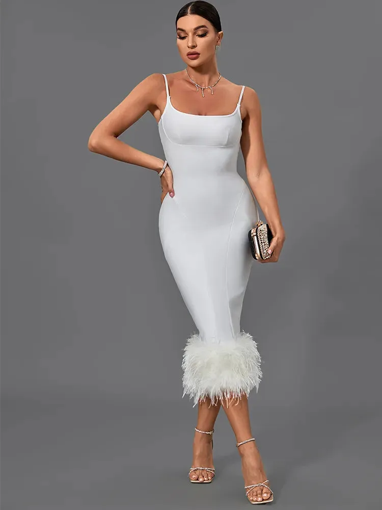 White Feather Bandage Midi Bodycon Dress
