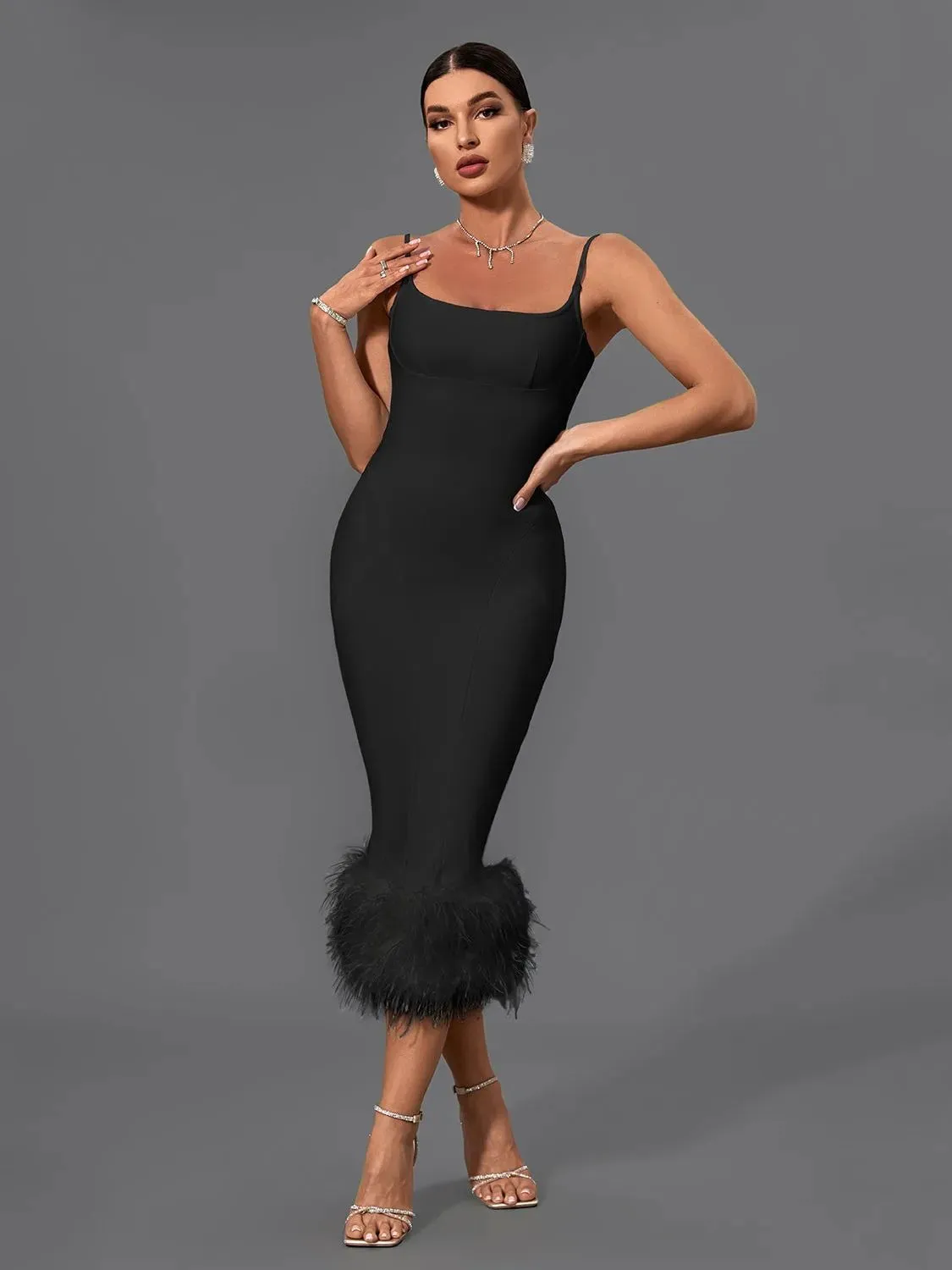 White Feather Bandage Midi Bodycon Dress