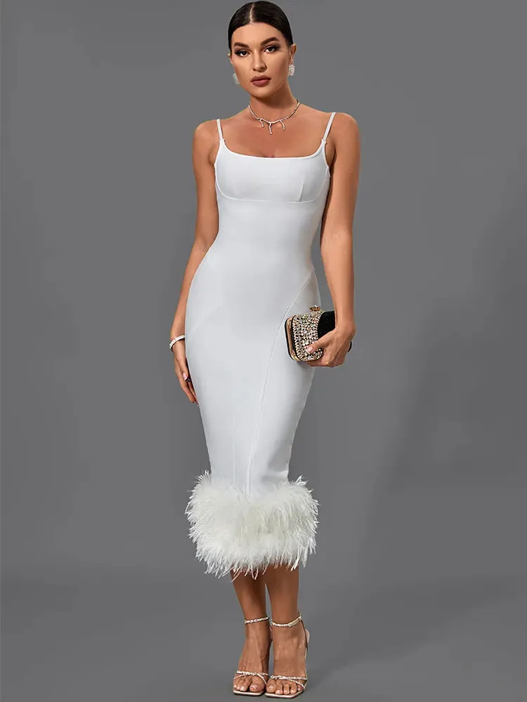 White Feather Bandage Midi Bodycon Dress