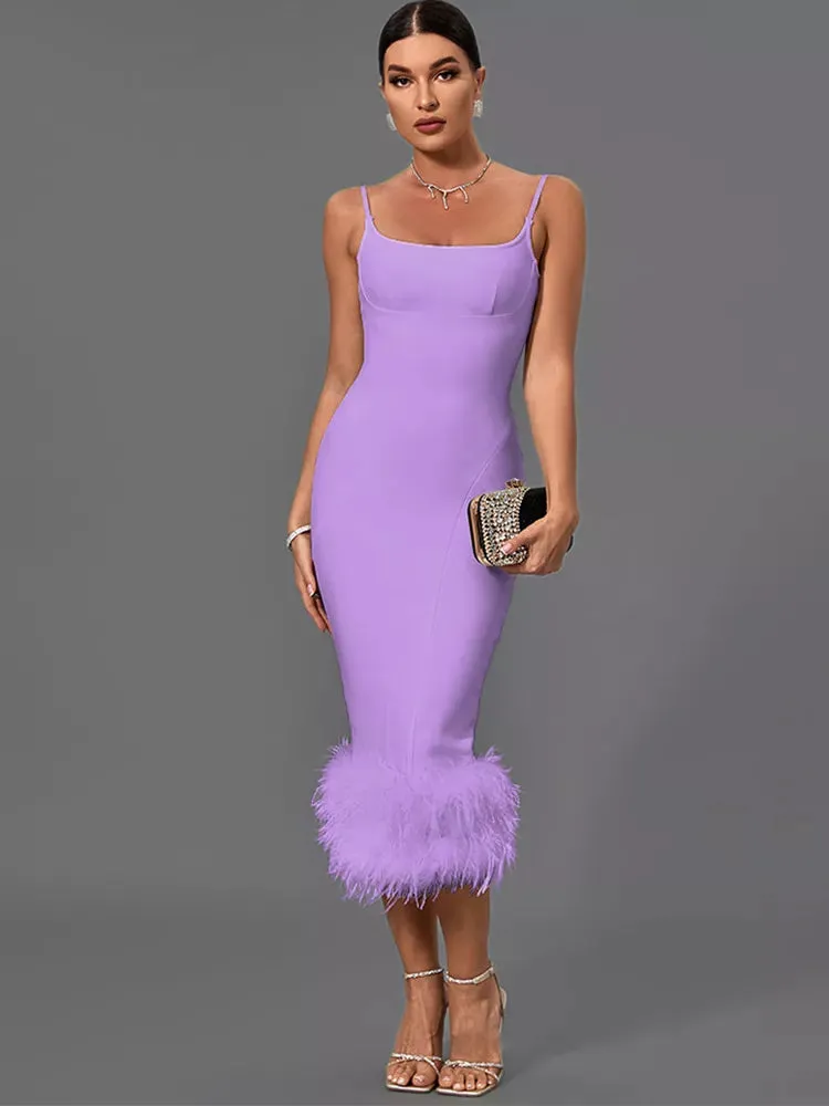 White Feather Bandage Midi Bodycon Dress