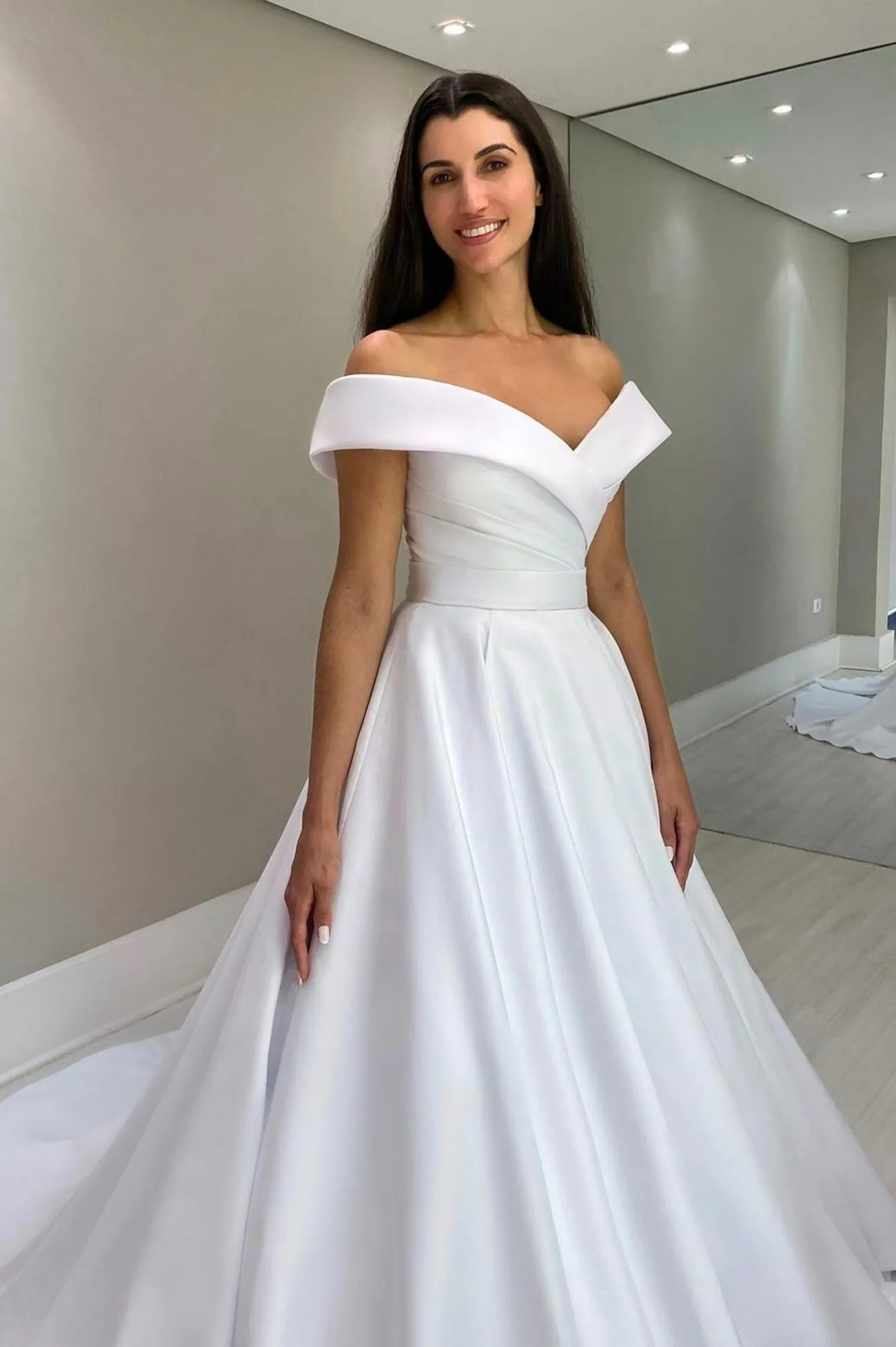White Satin Long Prom Dress, Off the Shoulder Evening Dress