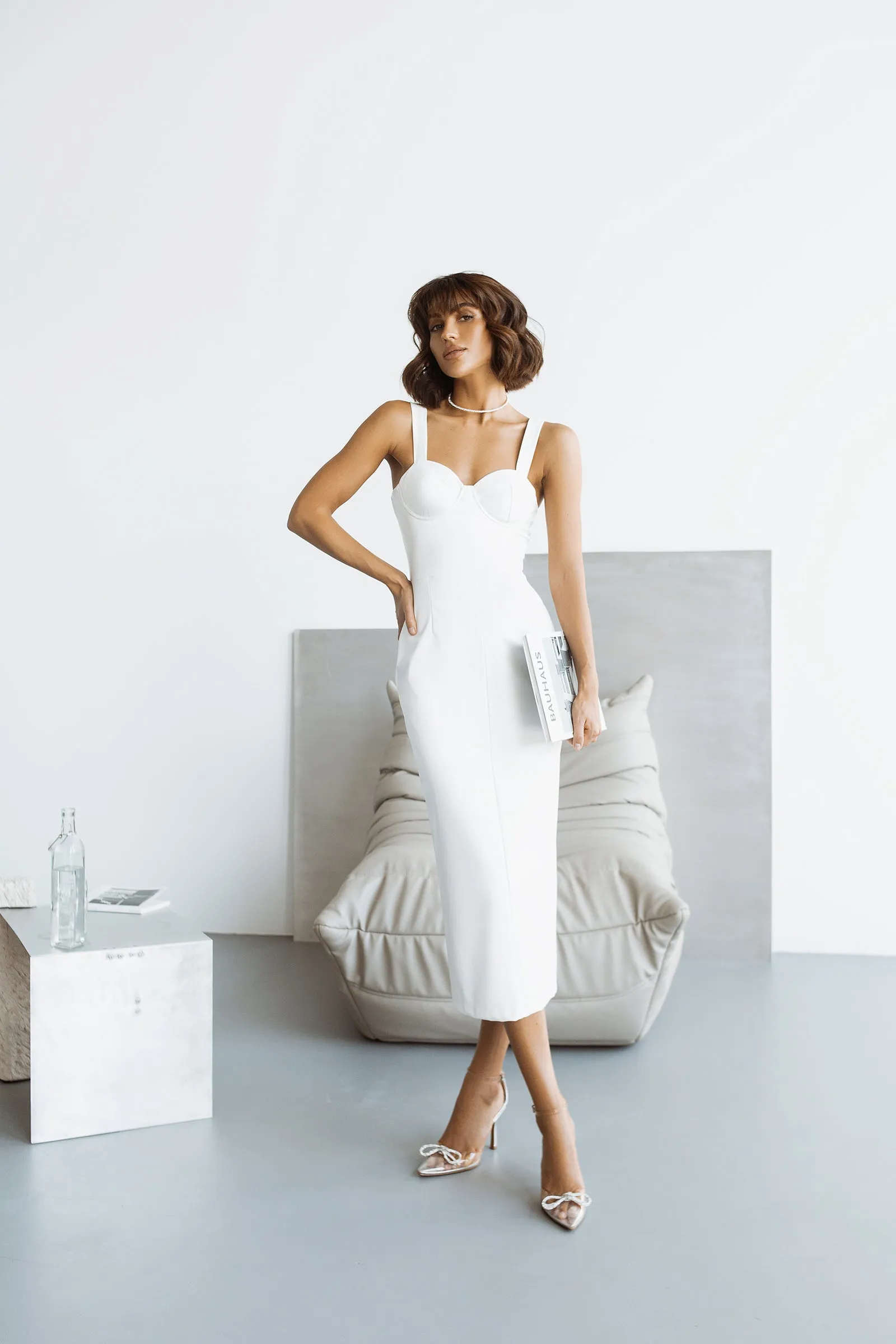 White Vegan Leather Sweetheart Midi Dress