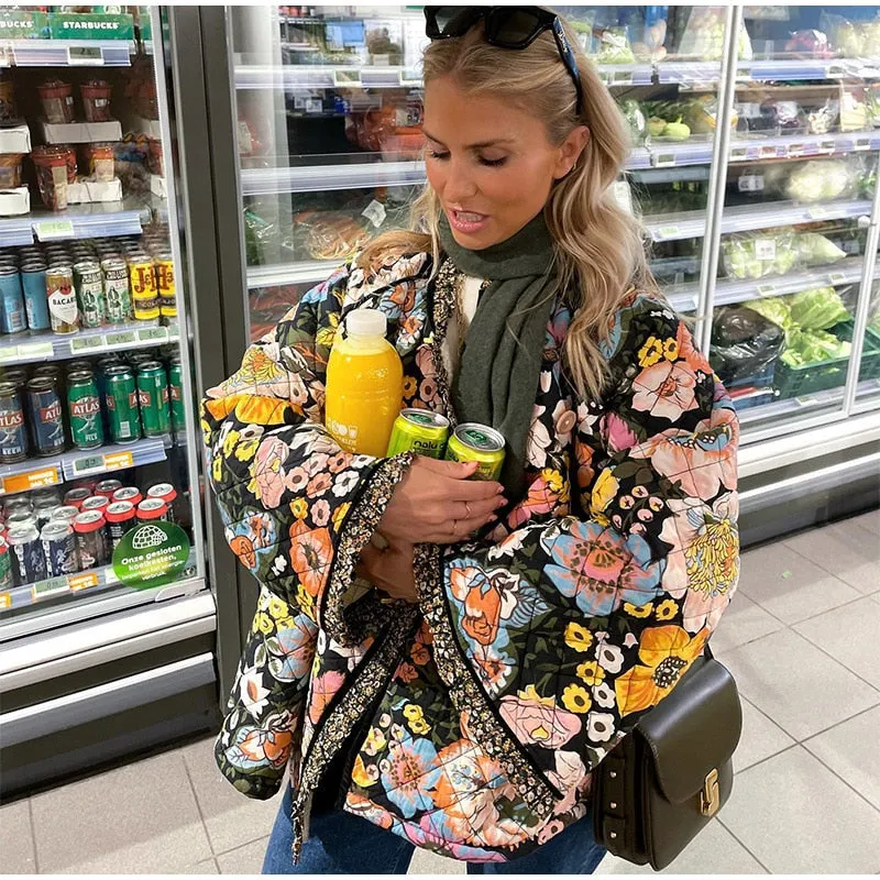 Women's Elegant Floral Print Warm Puffer Winter Jacket | Ideal for Autumn/Winter