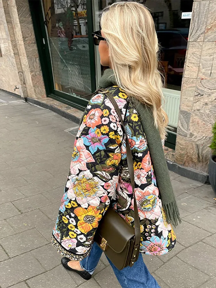 Women's Elegant Floral Print Warm Puffer Winter Jacket | Ideal for Autumn/Winter