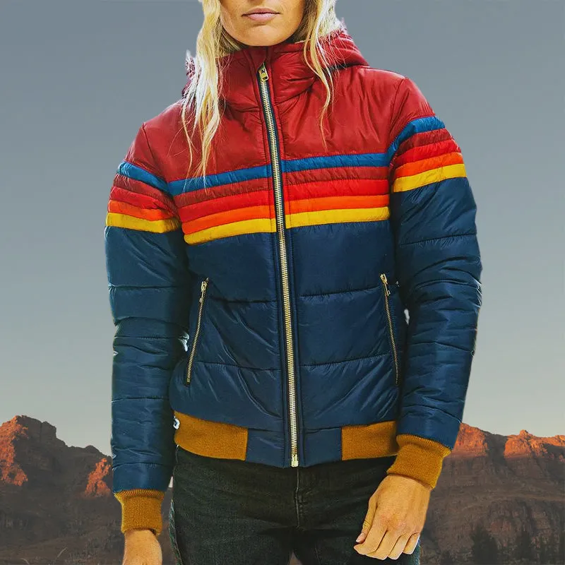 Women's Stylish Padded Striped Puffer Waterproof Rain Coat with Hood | Perfect for Autumn/Winter Activities