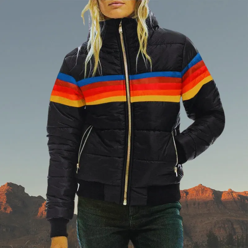 Women's Stylish Padded Striped Puffer Waterproof Rain Coat with Hood | Perfect for Autumn/Winter Activities